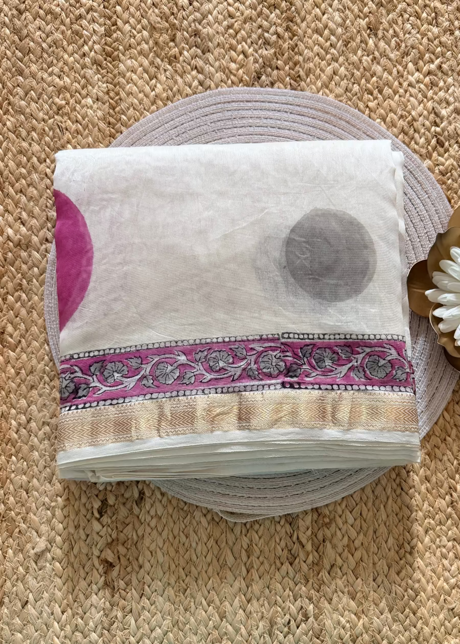 Pink and White Maheshwari Block Printed Saree - Jaipur