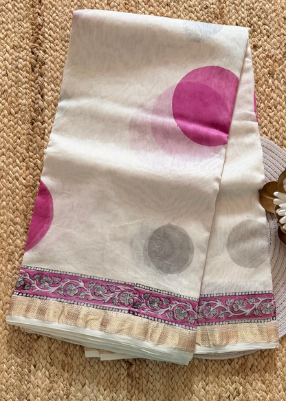 Pink and White Maheshwari Block Printed Saree - Jaipur