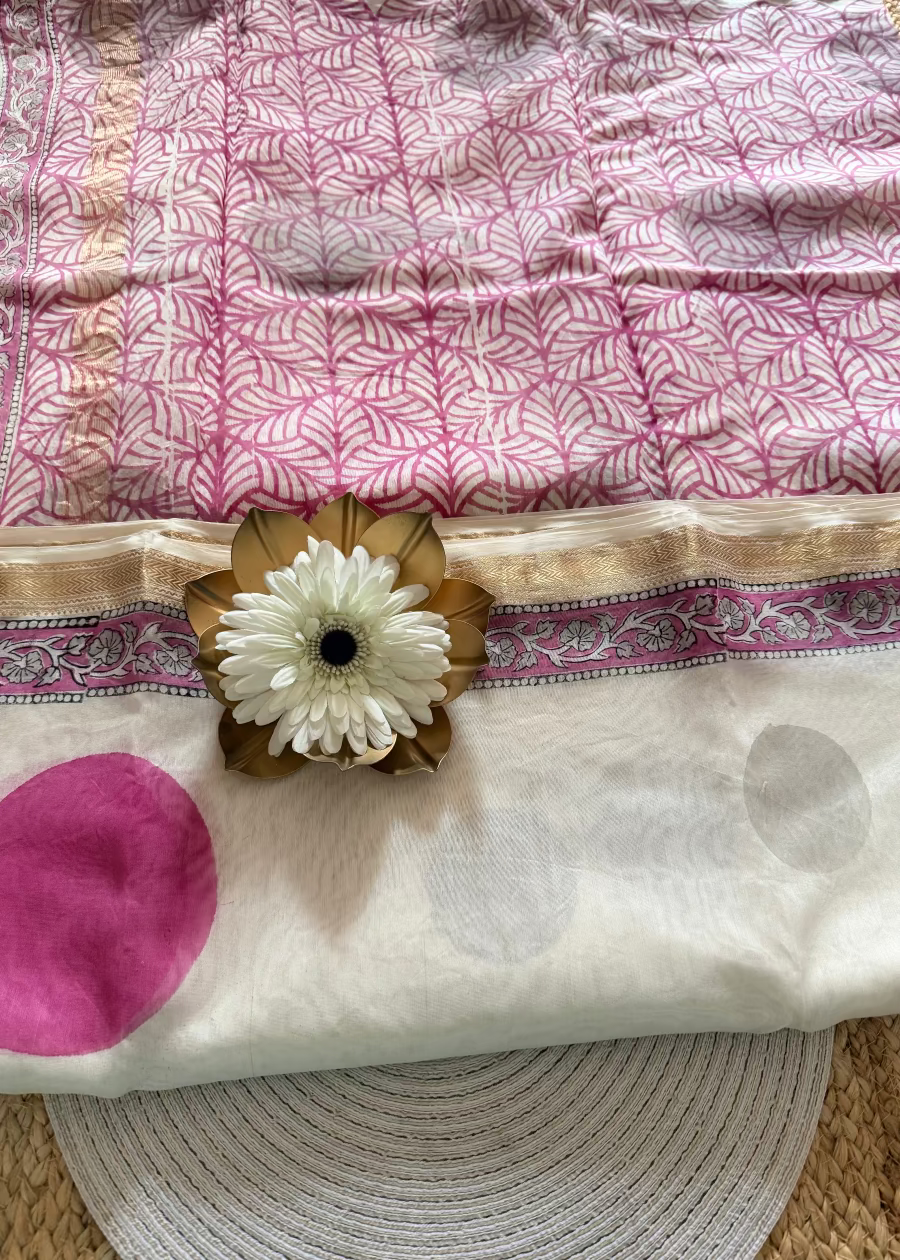 Pink and White Maheshwari Block Printed Saree - Jaipur