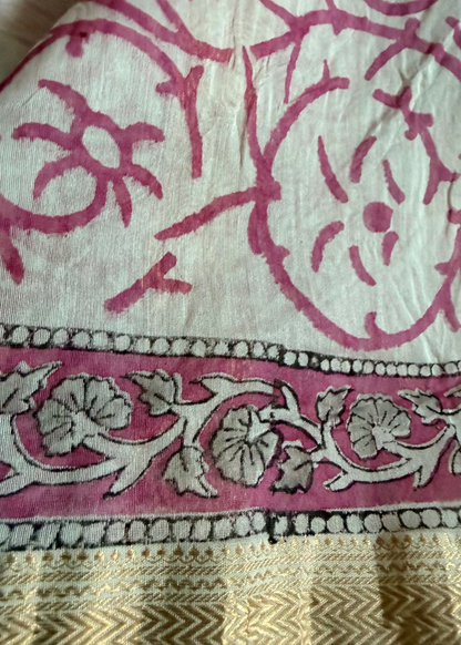 Pink and White Maheshwari Block Printed Saree - Jaipur