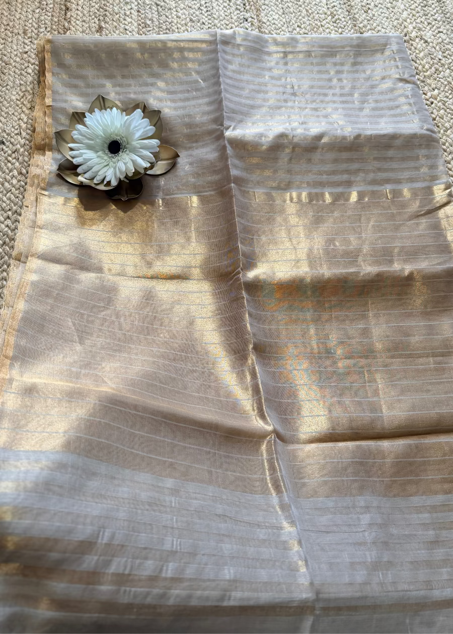 Beige and Golden Maheshwari Silk Saree - MP