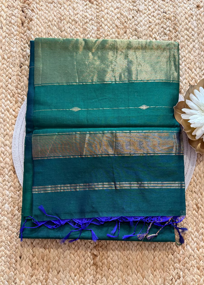 Dual Toned Peacock Green Maheshwari Silk Saree - MP