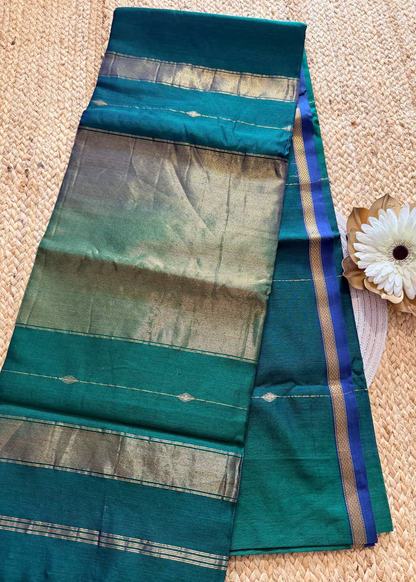 Dual Toned Peacock Green Maheshwari Silk Saree - MP