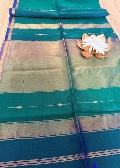 Dual Toned Peacock Green Maheshwari Silk Saree - MP