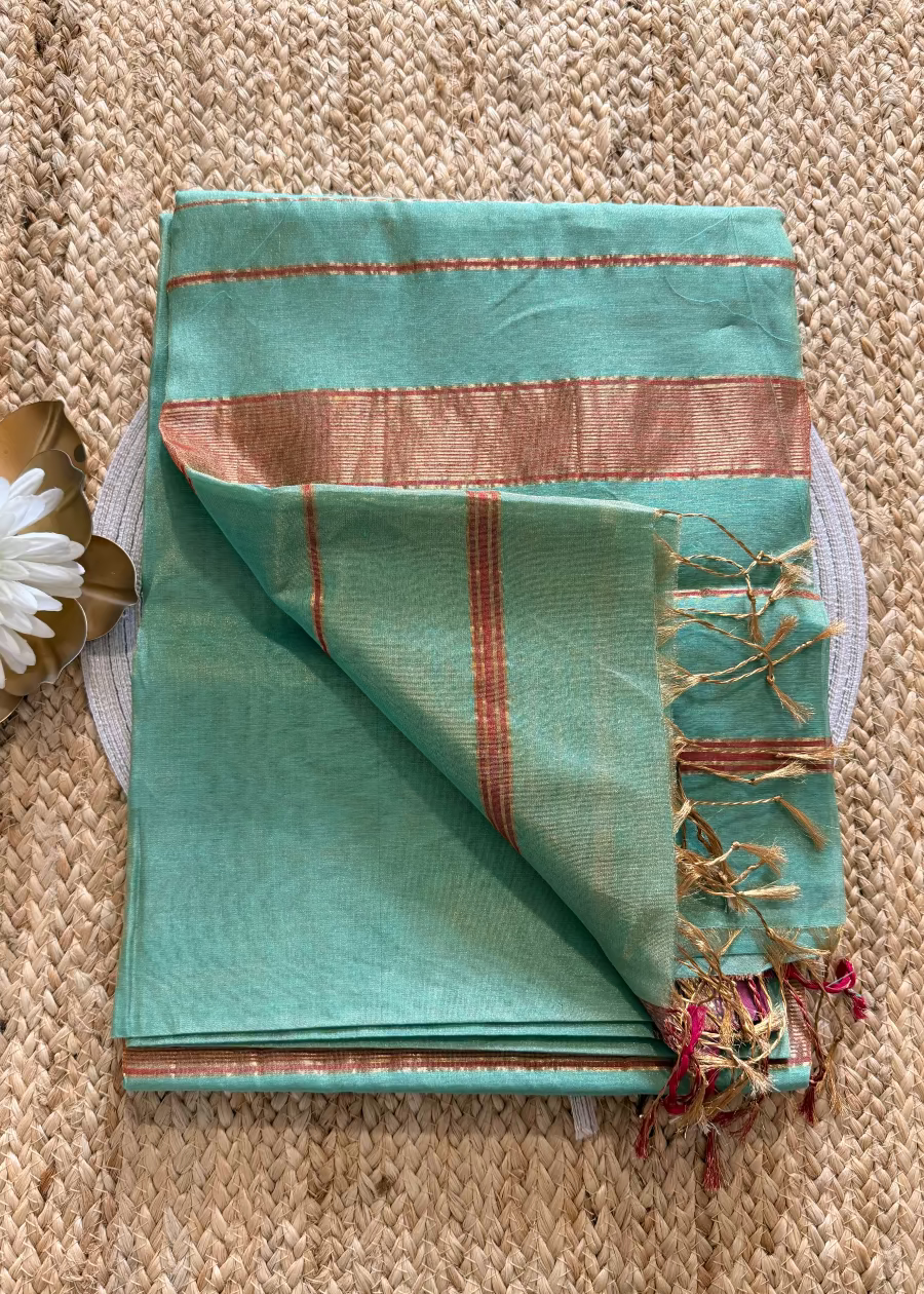Sage Green and Majenta Maheshwari Tissue Silk Saree - MP