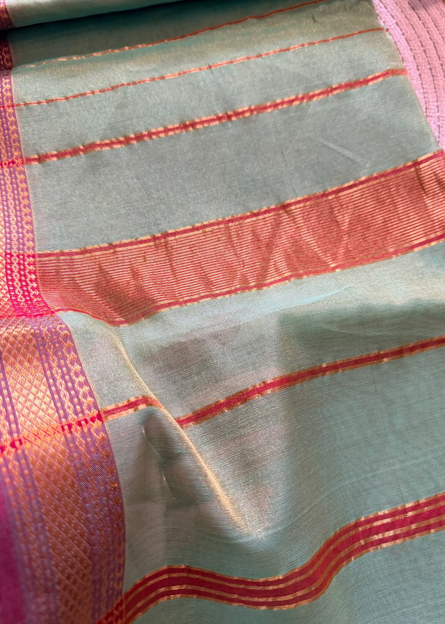 Sage Green and Majenta Maheshwari Tissue Silk Saree - MP