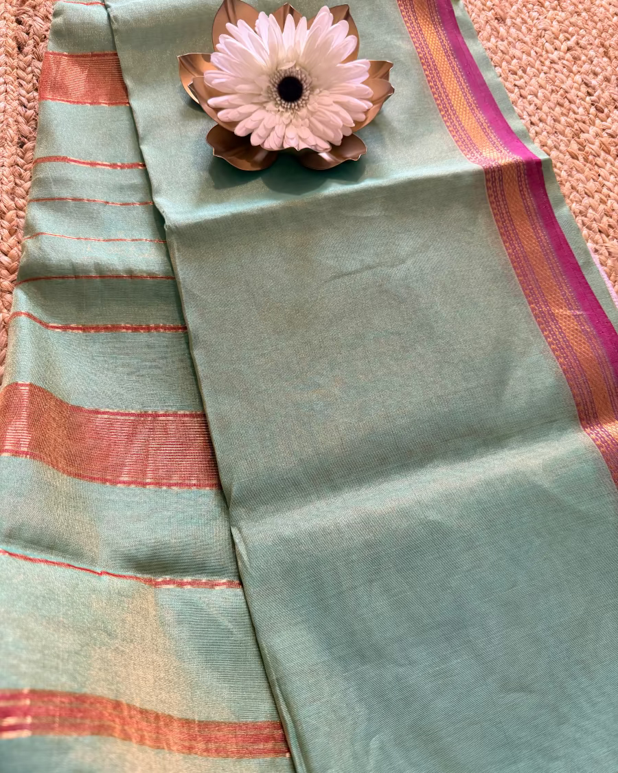 Sage Green and Majenta Maheshwari Tissue Silk Saree - MP
