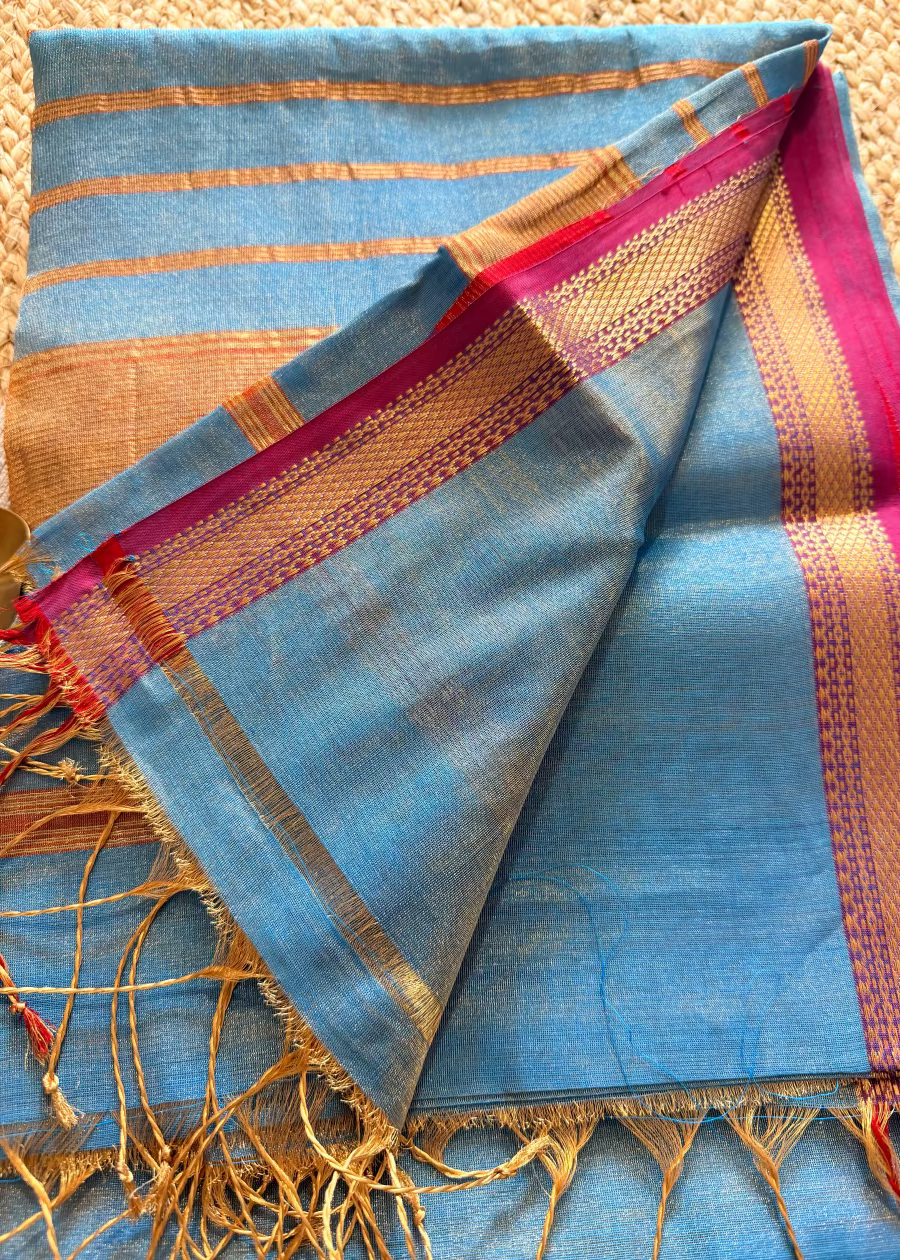 Blue and Majenta Maheshwari Tissue Silk Saree - MP
