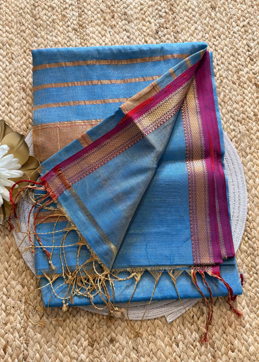 Blue and Majenta Maheshwari Tissue Silk Saree - MP