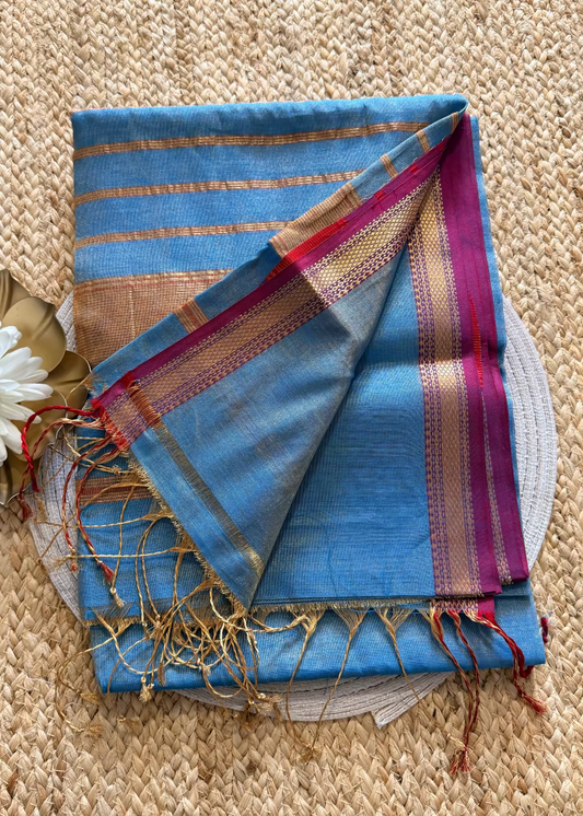 Blue and Majenta Maheshwari Tissue Silk Saree - MP