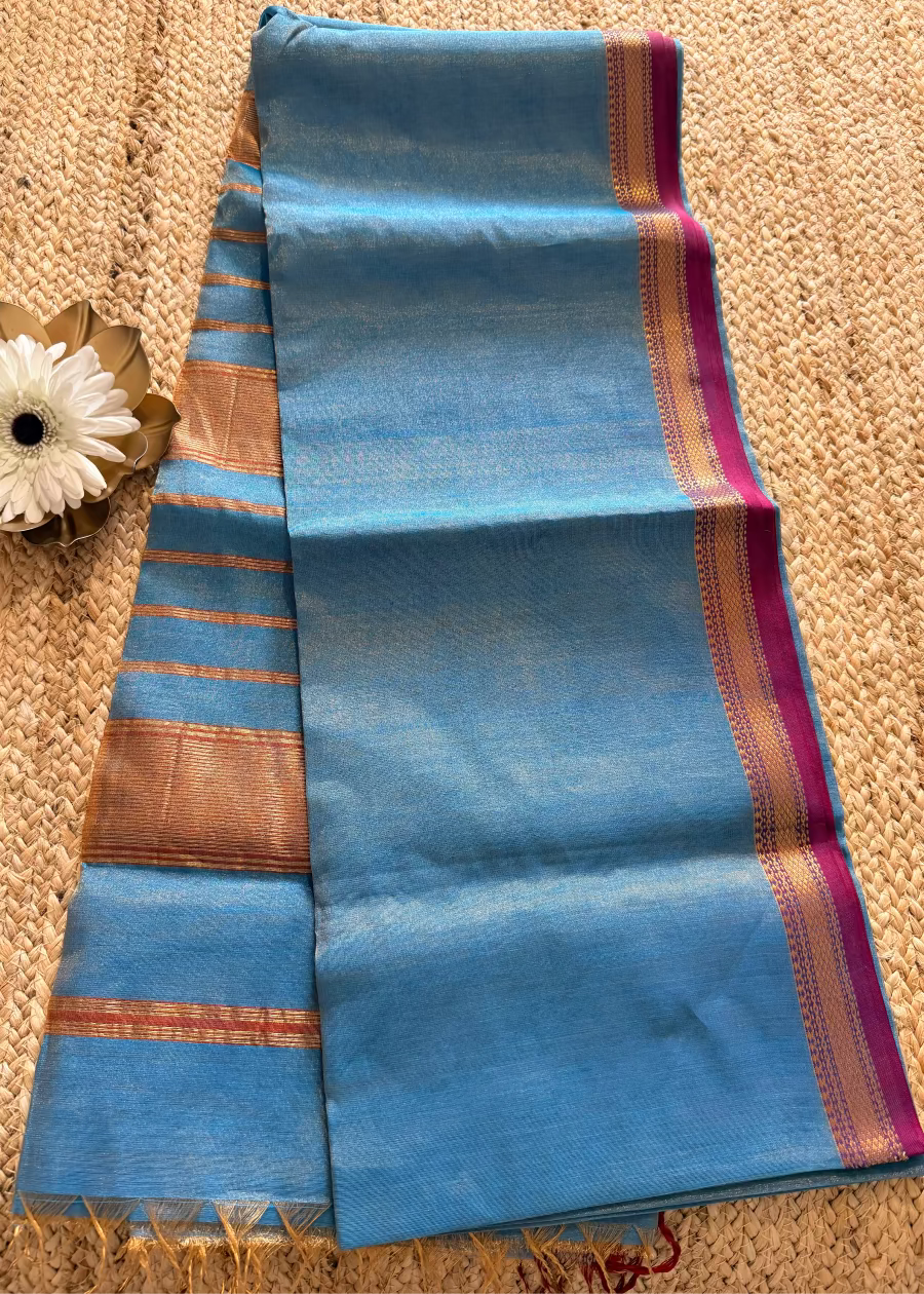 Blue and Majenta Maheshwari Tissue Silk Saree - MP