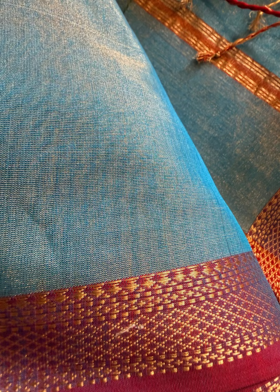 Blue and Majenta Maheshwari Tissue Silk Saree - MP
