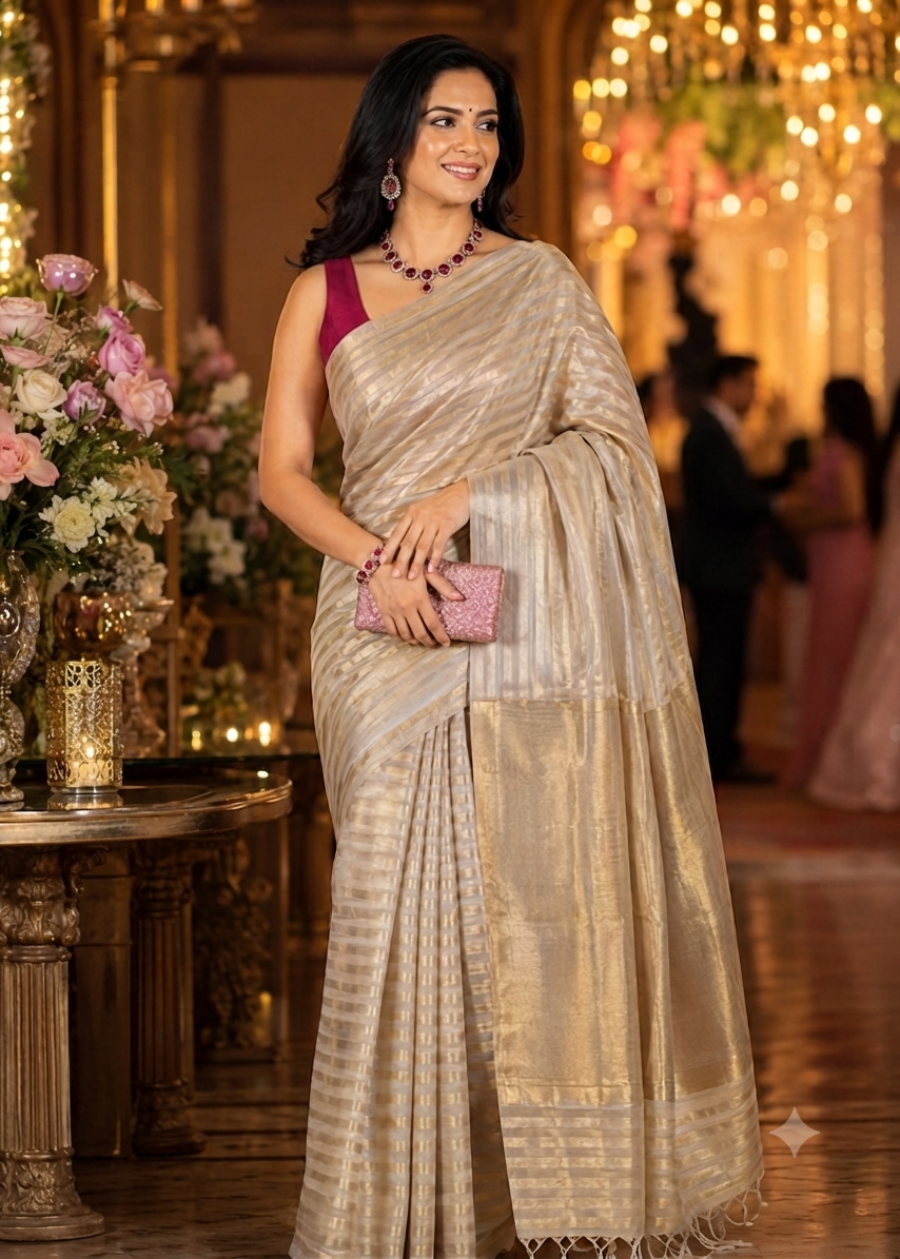 Beige and Golden Maheshwari Silk Saree - MP