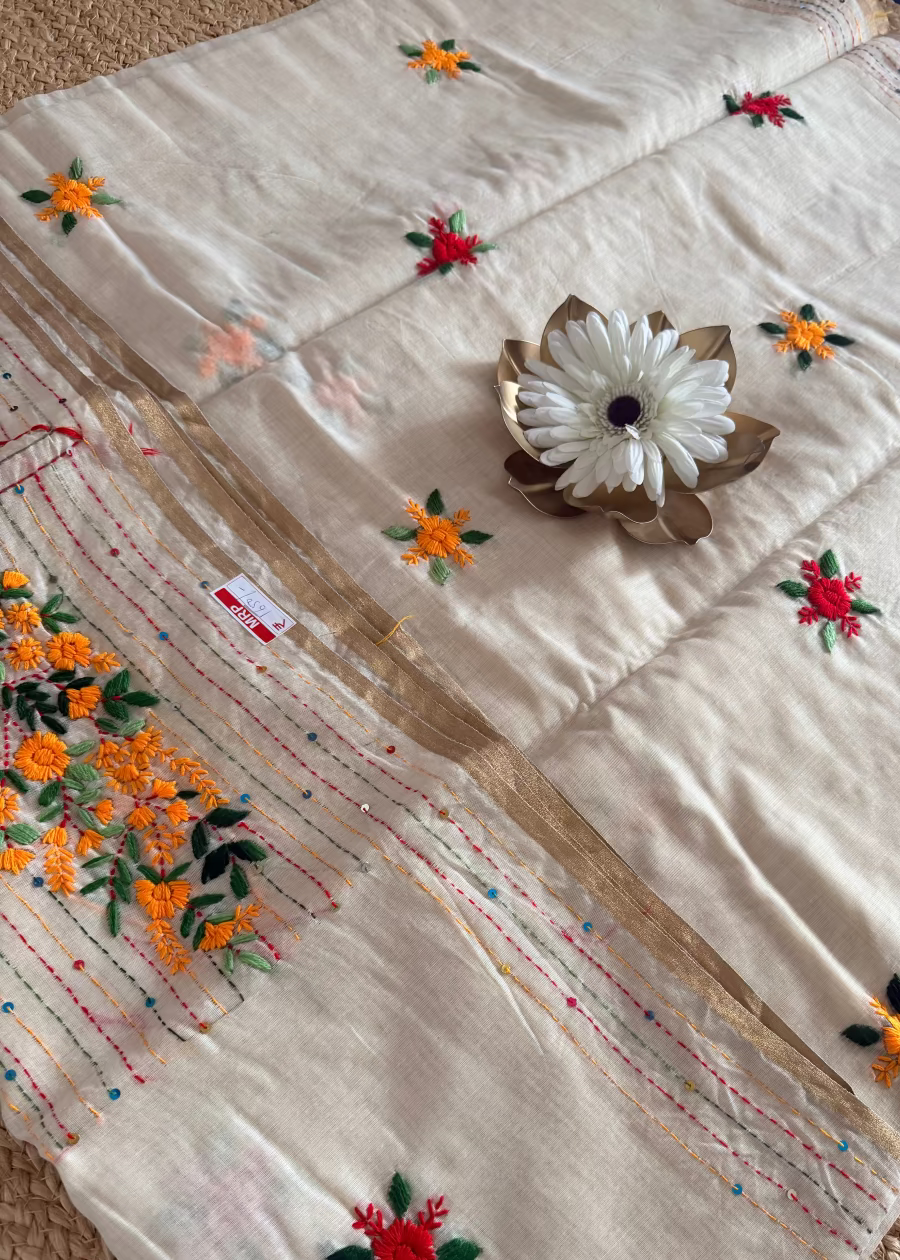 Cream Cotton Silk  With Boullion Work- Bengal