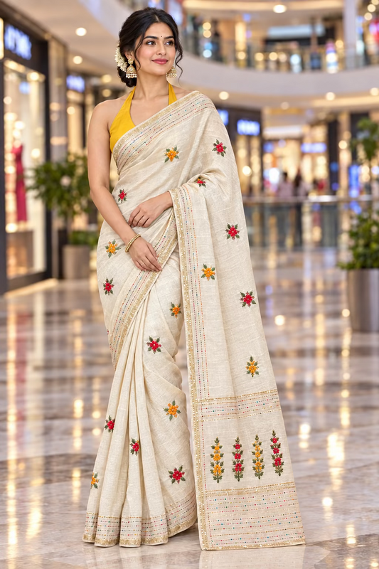 Cream Cotton Silk  With Boullion Work- Bengal