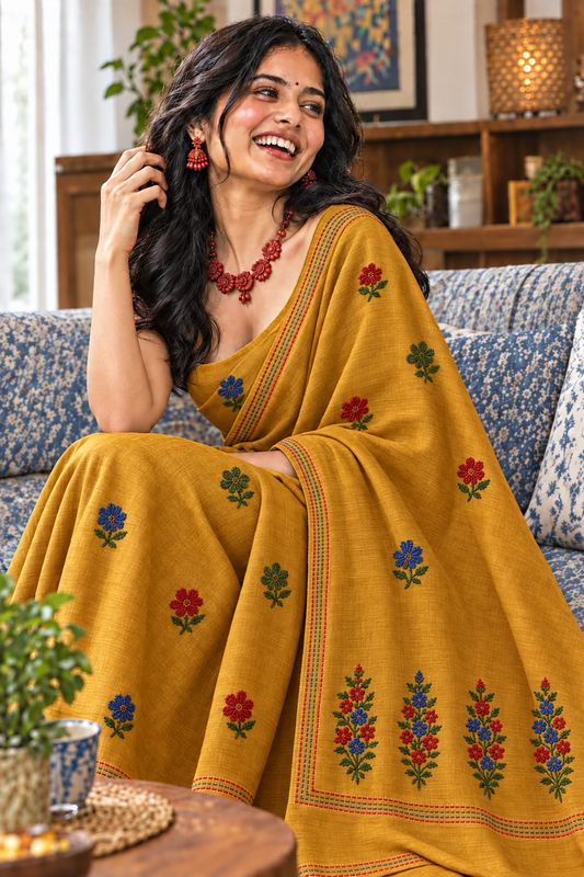 Mustard Yellow Cotton Silk With Bouillion Work- Bengal