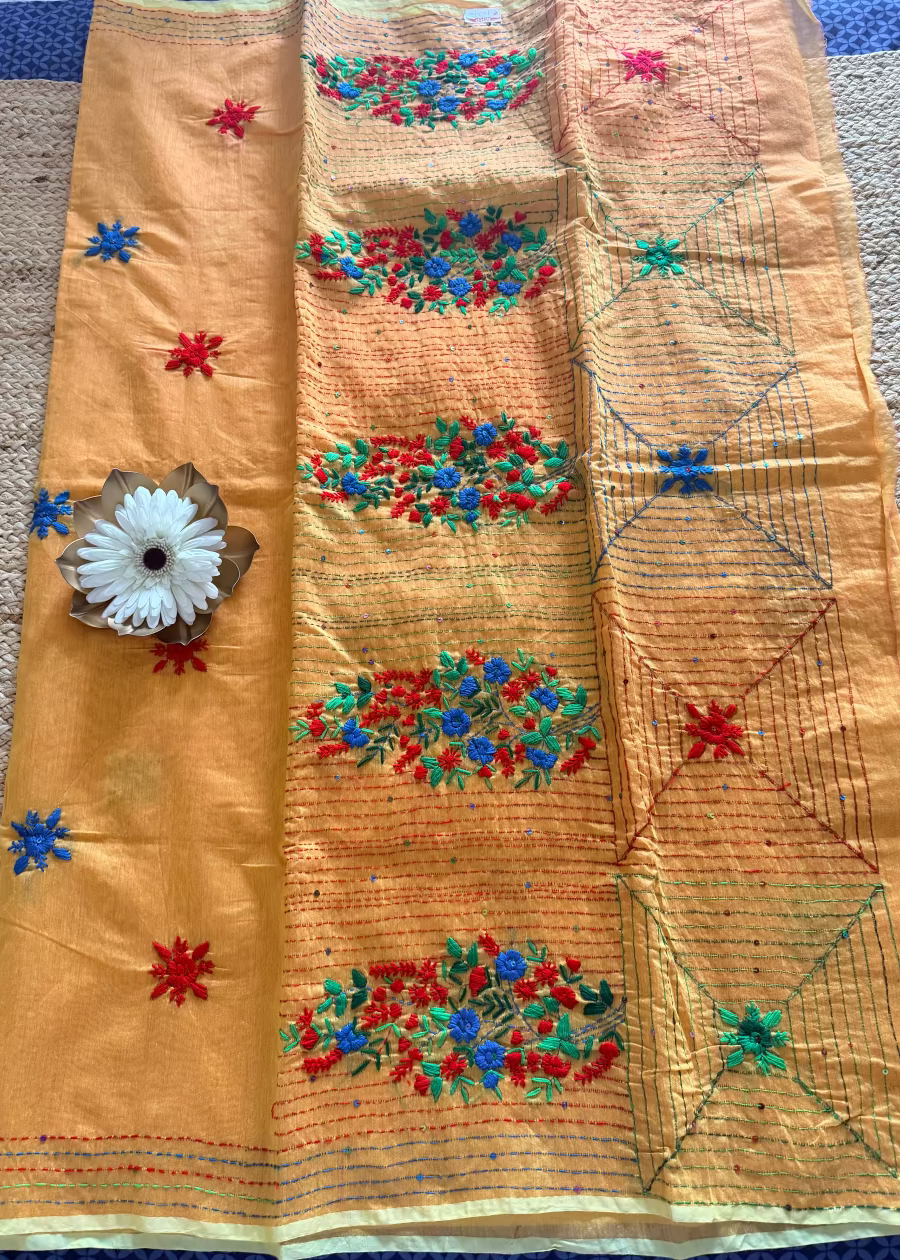 Mustard Yellow Cotton Silk With Bouillion Work- Bengal