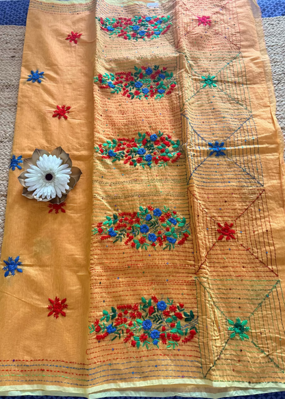 Mustard Yellow Cotton Silk With Bouillion Work- Bengal