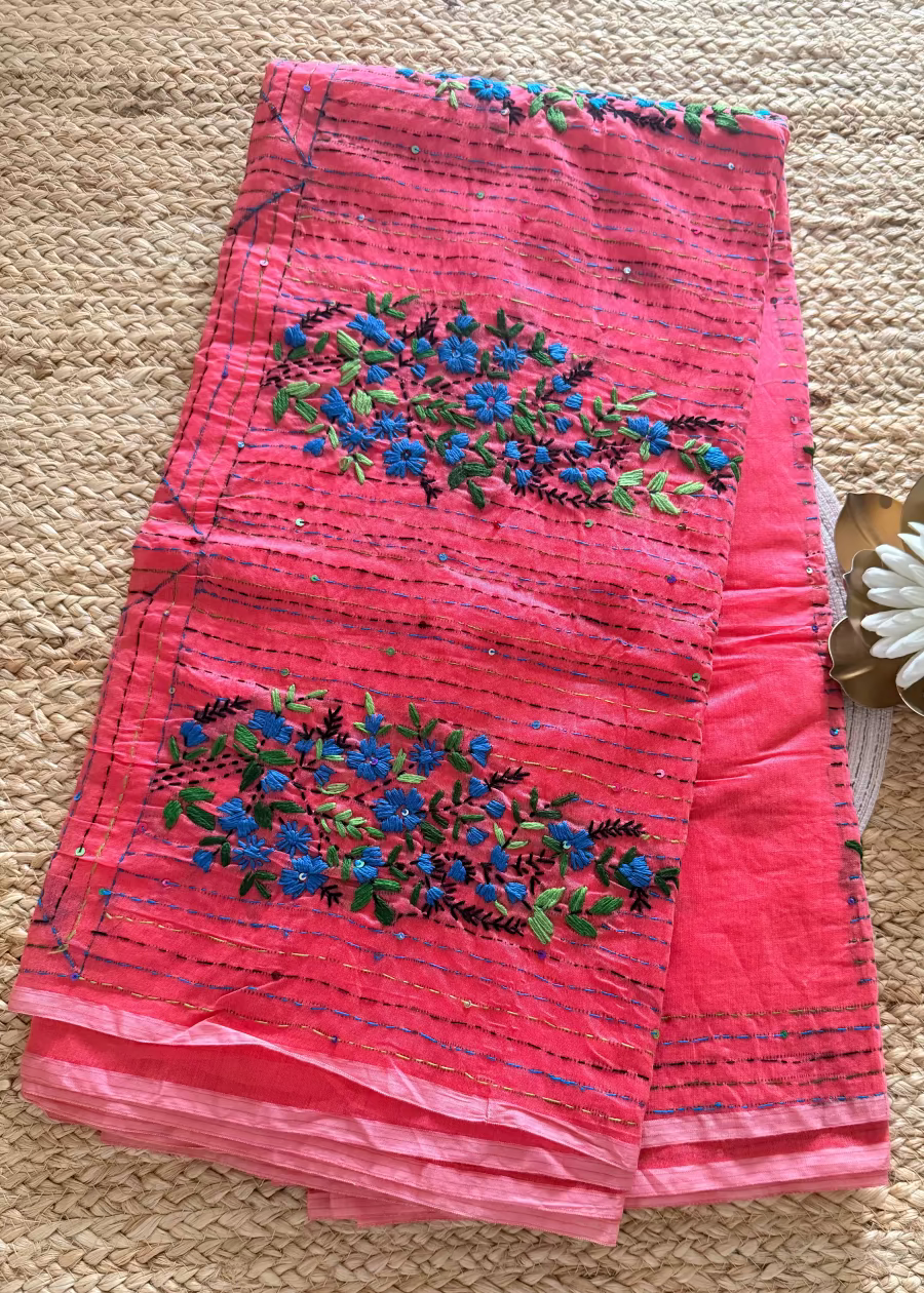 Dark Peach Cotton Silk With Boullion Work - Bengal