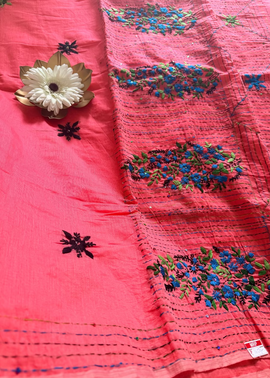 Dark Peach Cotton Silk With Boullion Work - Bengal