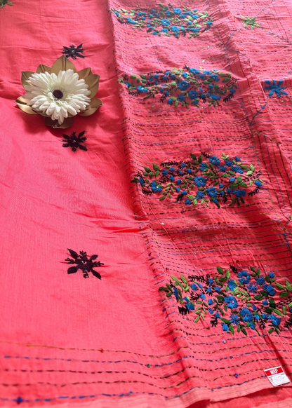 Dark Peach Cotton Silk With Boullion Work - Bengal