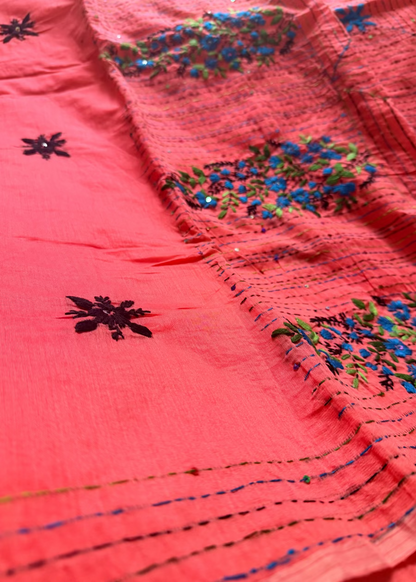 Dark Peach Cotton Silk With Boullion Work - Bengal