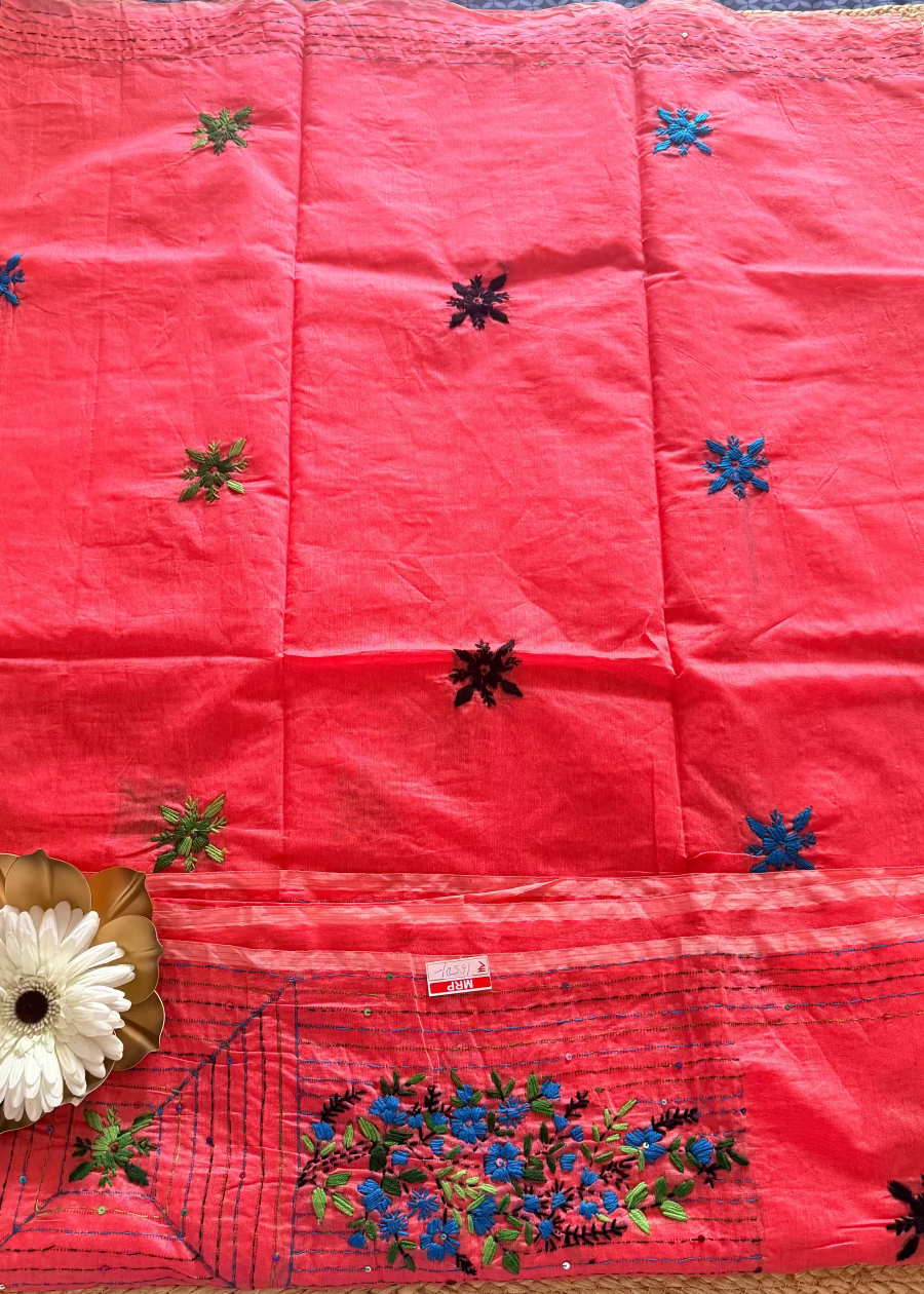 Dark Peach Cotton Silk With Boullion Work - Bengal
