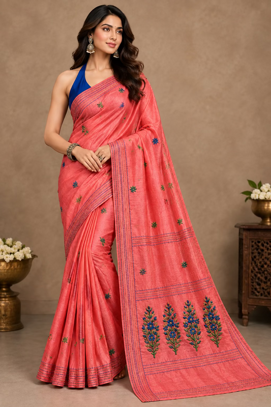 Dark Peach Cotton Silk With Boullion Work - Bengal