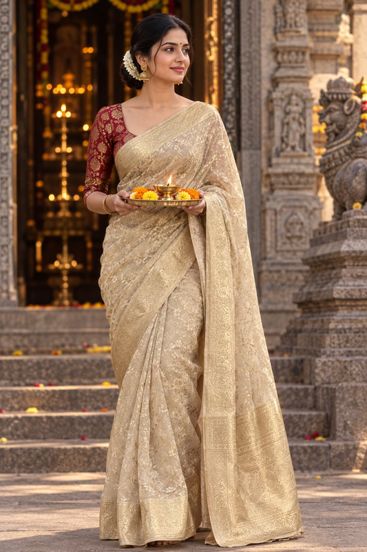 Beige Semi Georgette Silk - Banaras