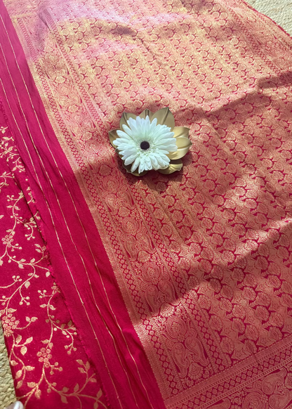 Reddish Pink  Semi Georgette Silk - Banaras