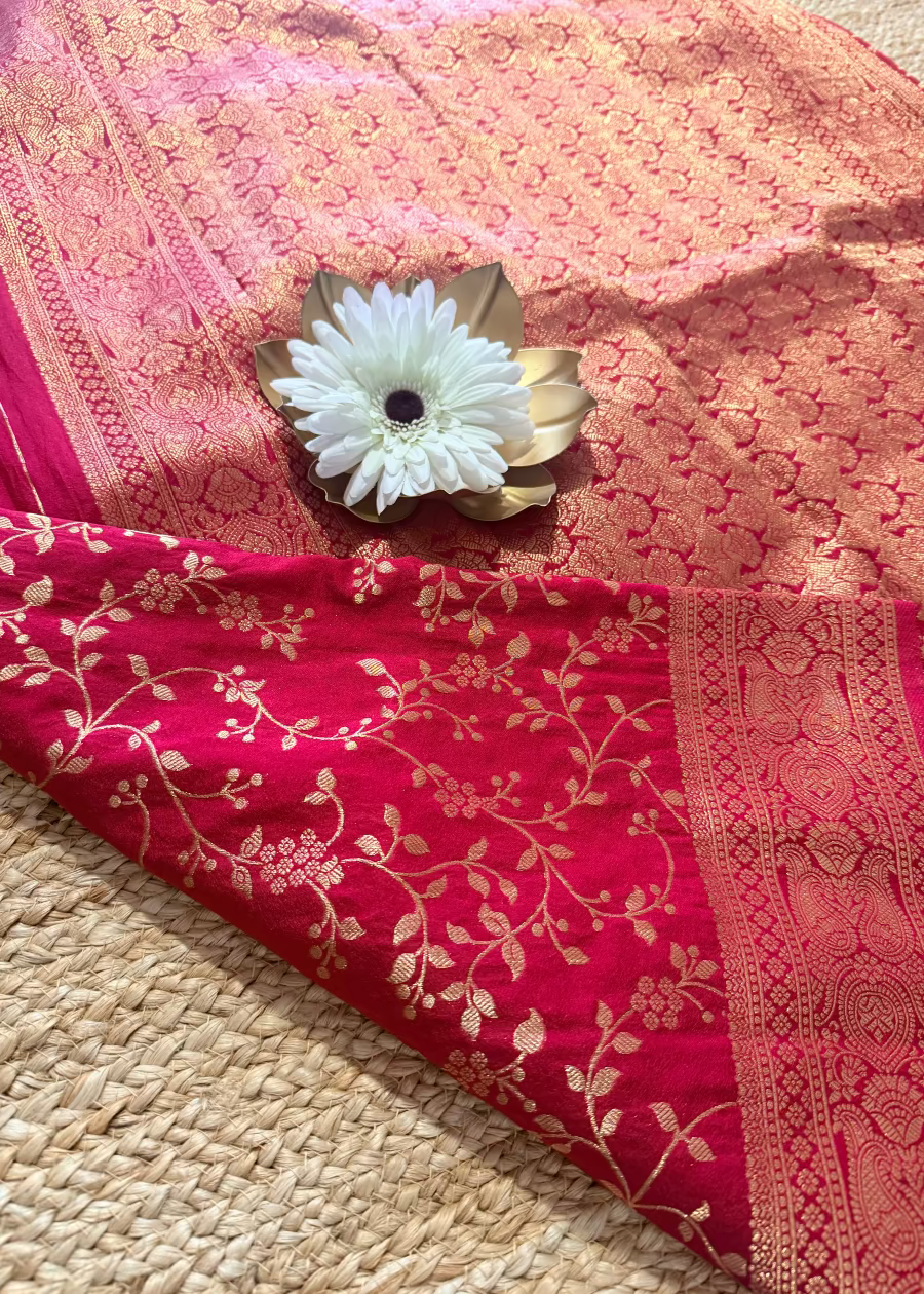 Reddish Pink  Semi Georgette Silk - Banaras