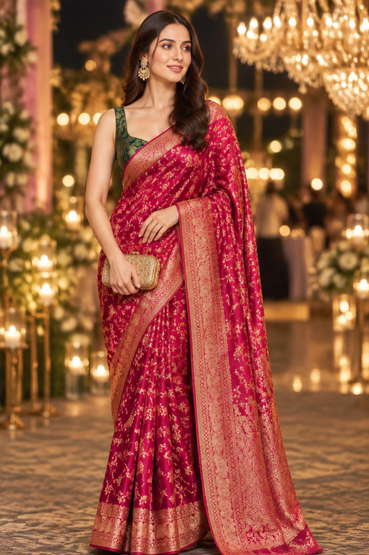 Reddish Pink  Semi Georgette Silk - Banaras