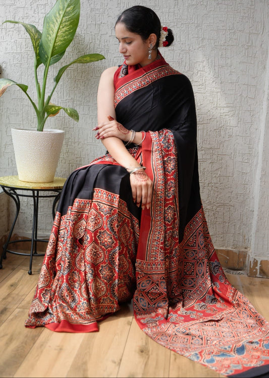 Black & Red Pure Modal Silk Saree- Gujarat