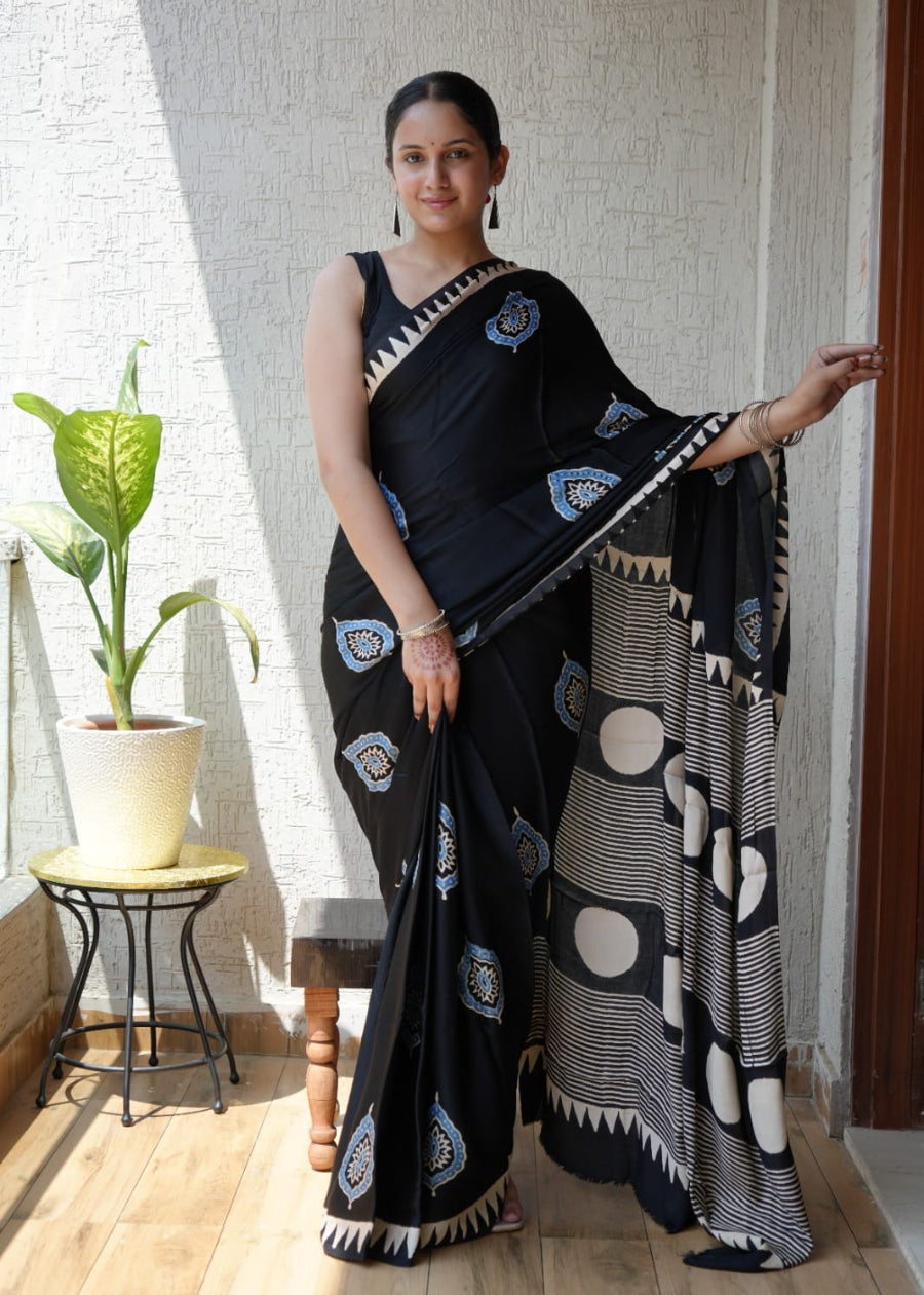 Black Pure Modal Silk Saree- Gujarat