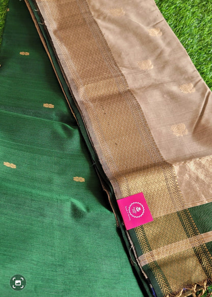 Bottle Green And Beige Pure Maheshwari Silk Cotton Saree- MP