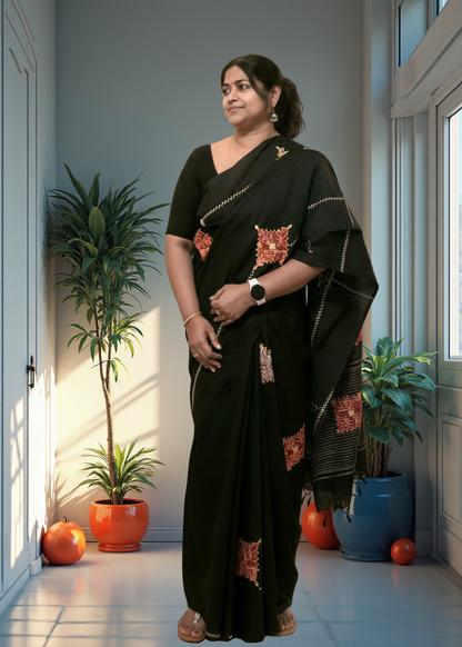 Black Patch Work Cotton Saree- Bengal