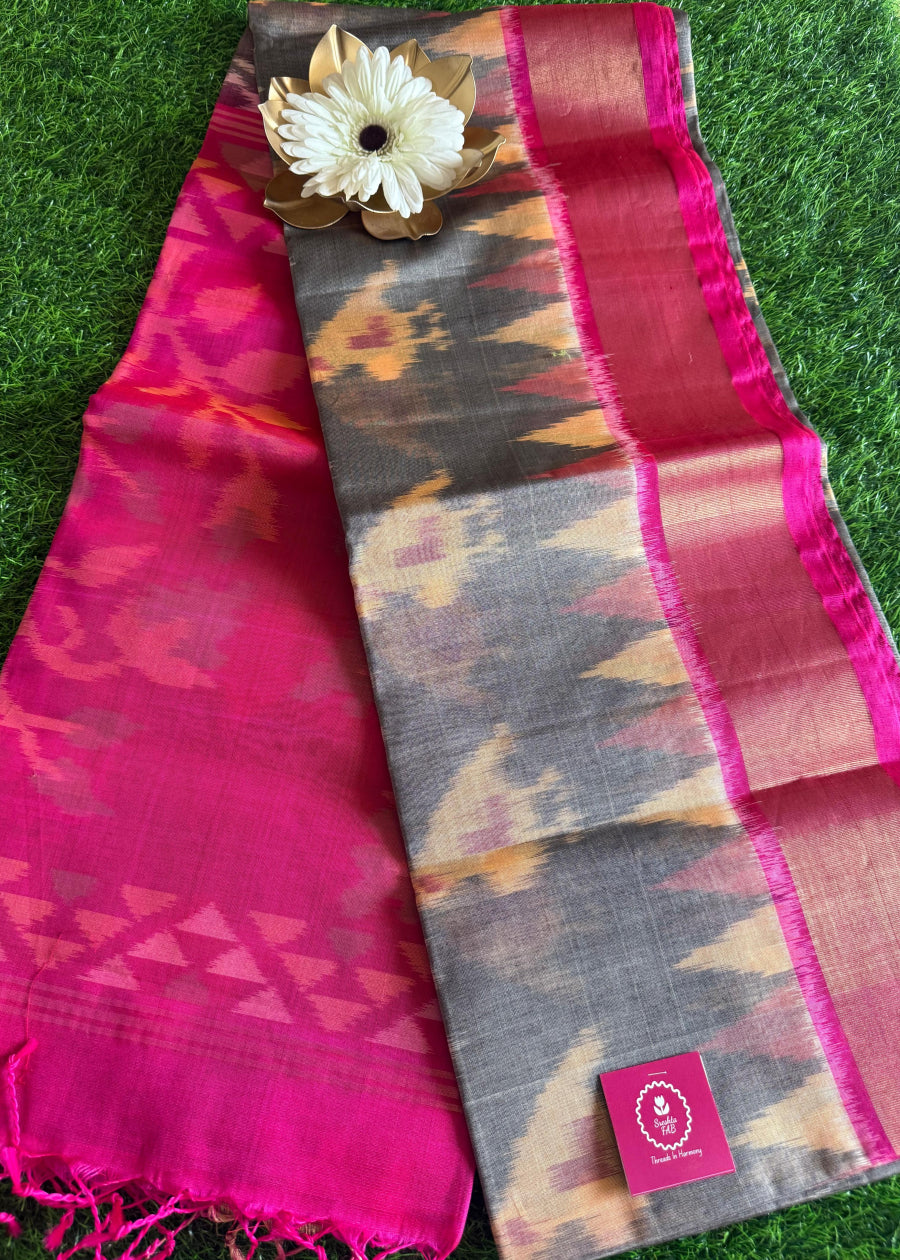 Grey And Rani Pink Silk Cotton Saree - TN