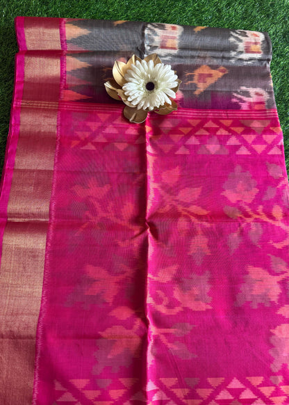 Grey And Rani Pink Silk Cotton Saree - TN