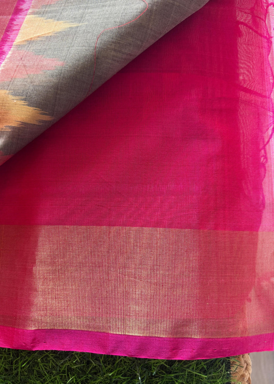 Grey And Rani Pink Silk Cotton Saree - TN