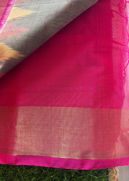 Grey And Rani Pink Silk Cotton Saree - TN