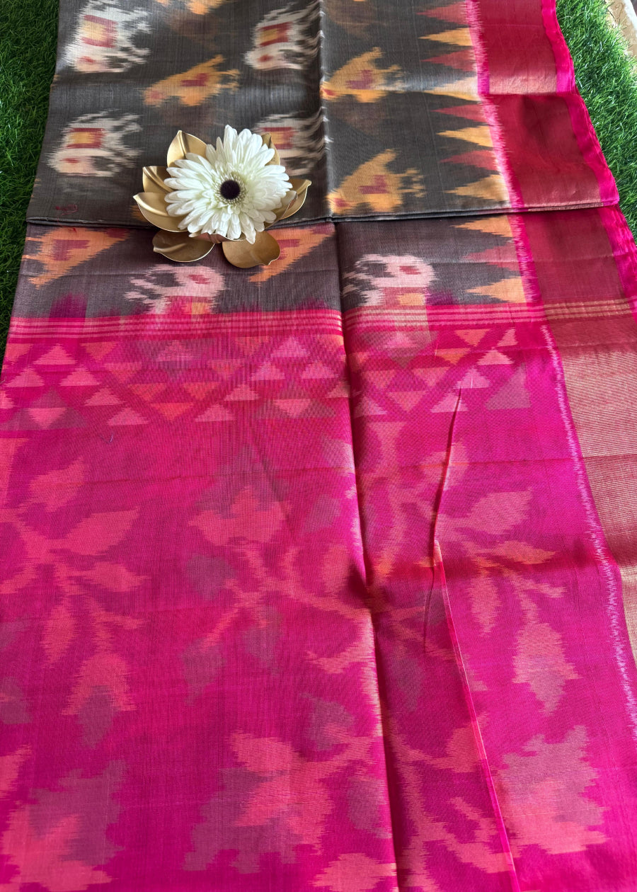 Grey And Rani Pink Silk Cotton Saree - TN