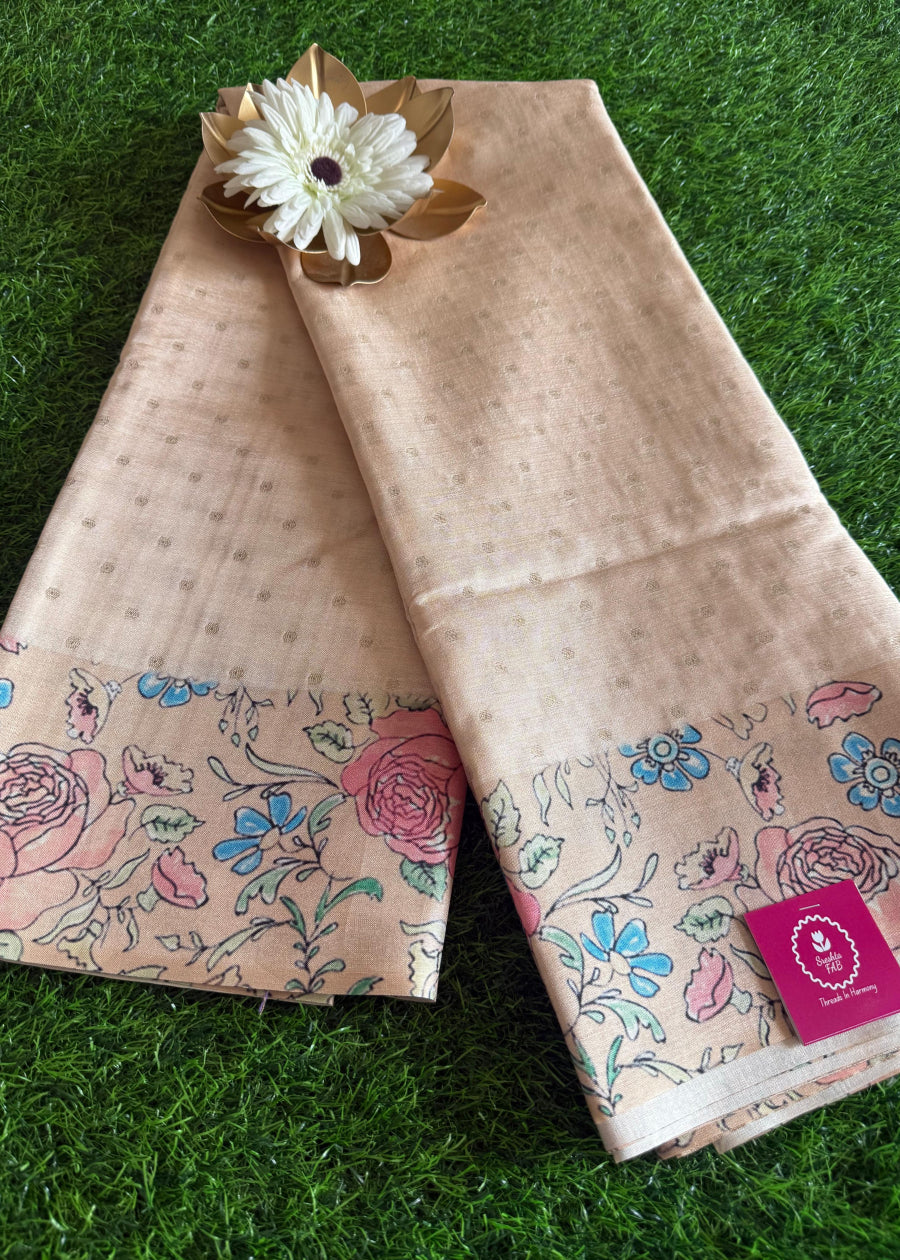 Beige Semi Tussar Silk With Golden Buttas - Banaras