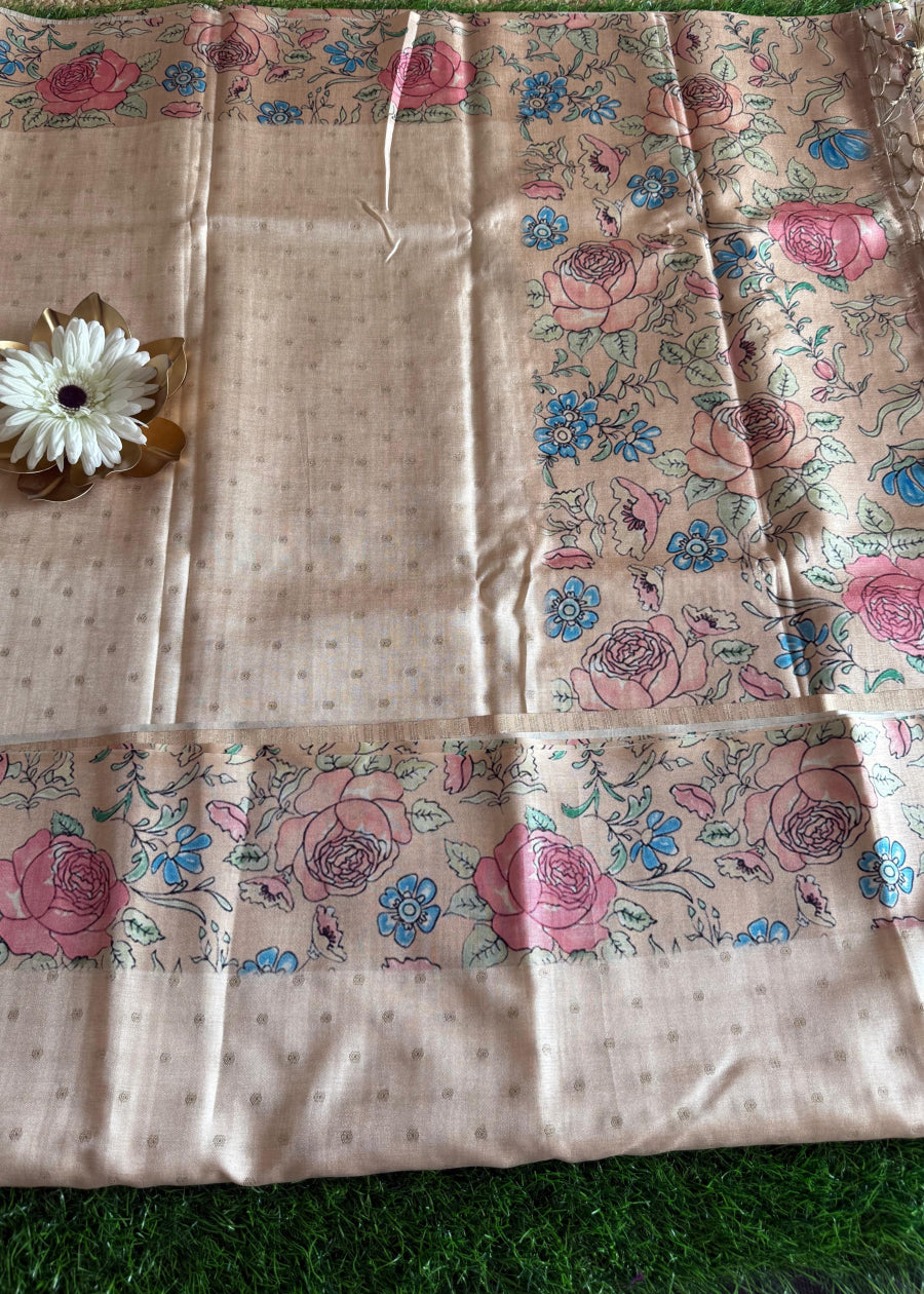 Beige Semi Tussar Silk With Golden Buttas - Banaras