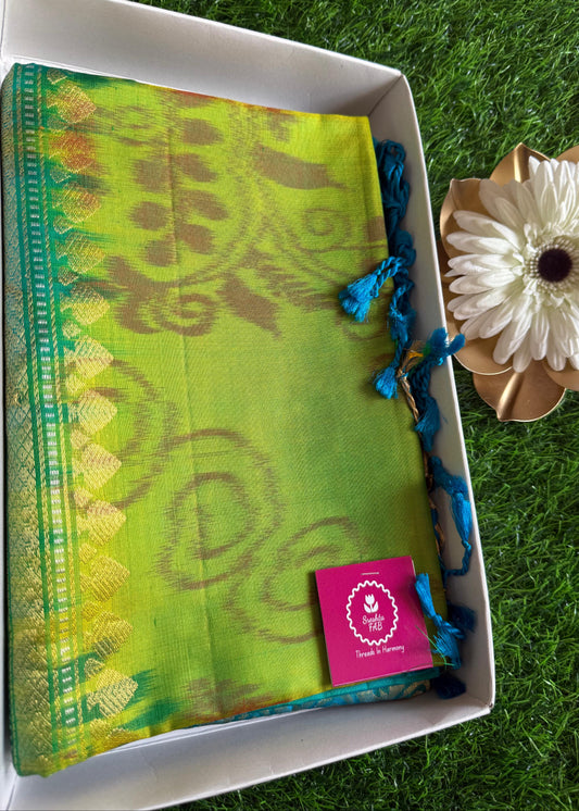Tender Leaf Green and Blue Pure Kancheepuram Soft Silk Saree- TN