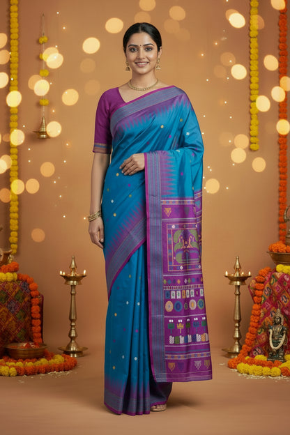 Blue and Purple Berhampuri Inspired Semi Silk - Bengal