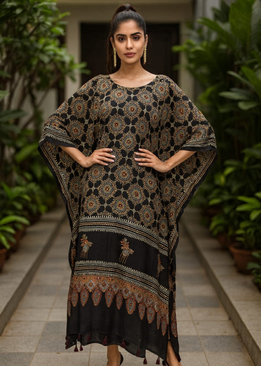Pure Modal Silk Kaftan Gown - Black