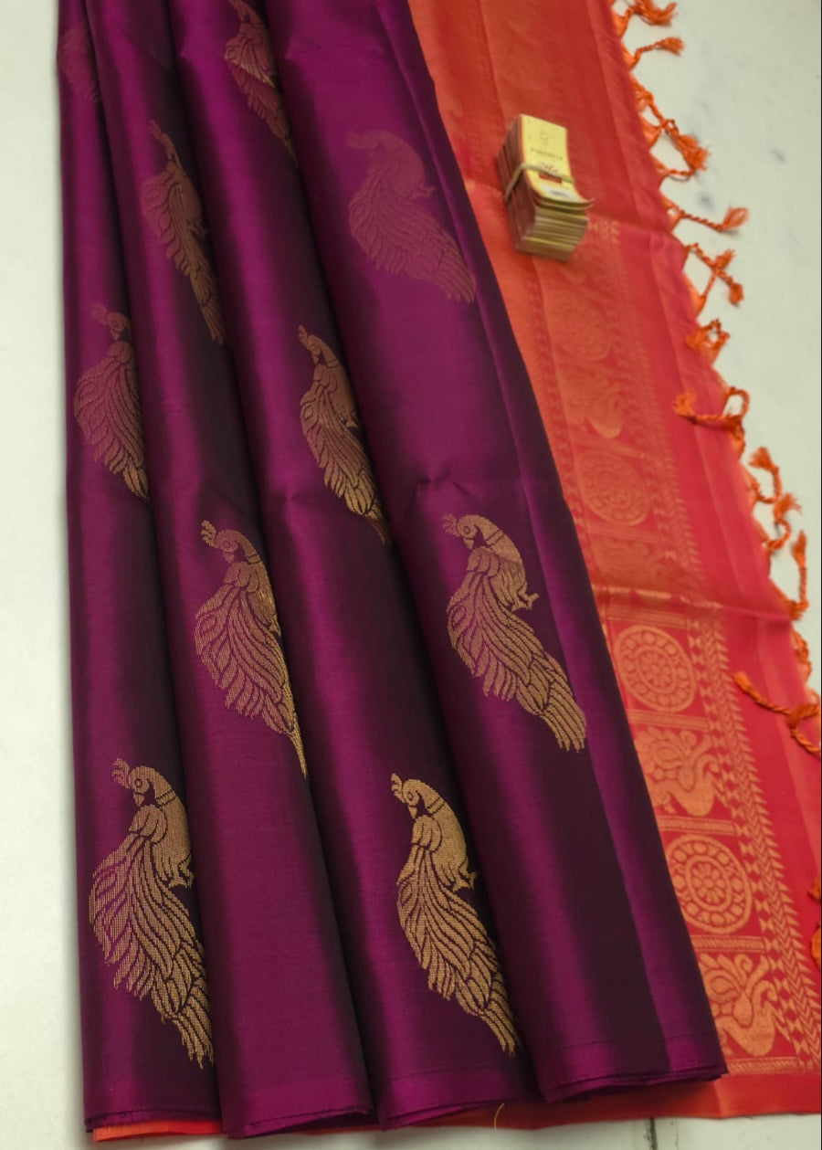 Wine and Peach Soft Silk Saree- Tamilnadu
