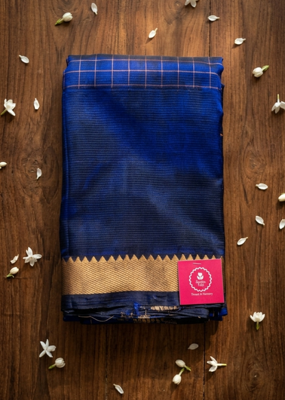 Checks Design Royal Blue Mangalgiri Silk Saree- Andhra