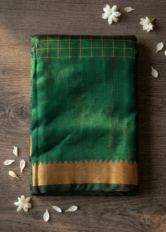 Checks Design Bottle Green Mangalgiri Silk Saree - Andhra