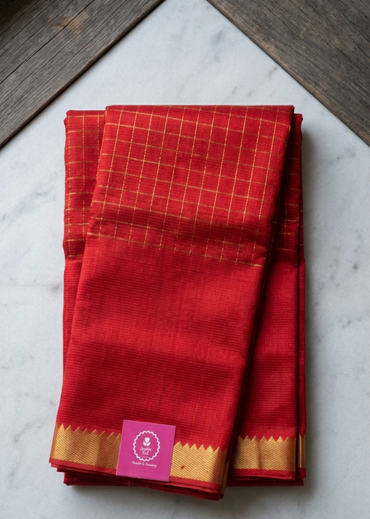 Checks Design Mangalgiri Silk Saree In  Chilli Red- Andhra